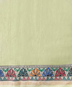 Handloom Fresh Green Chanderi Handpainted Madhubani Saree With Multicolor Women Motifs - Pre Order