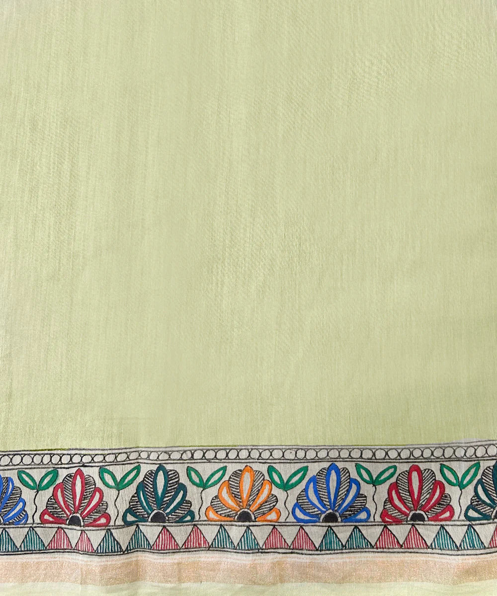 Handloom Fresh Green Chanderi Handpainted Madhubani Saree With Multicolor Women Motifs - Pre Order