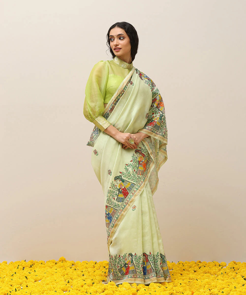 Handloom Fresh Green Chanderi Handpainted Madhubani Saree With Multicolor Women Motifs - Pre Order