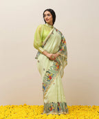 Handloom Fresh Green Chanderi Handpainted Madhubani Saree With Multicolor Women Motifs - Pre Order