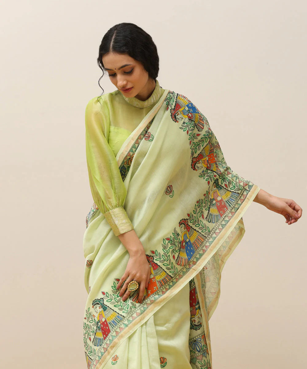Handloom Fresh Green Chanderi Handpainted Madhubani Saree With Multicolor Women Motifs - Pre Order