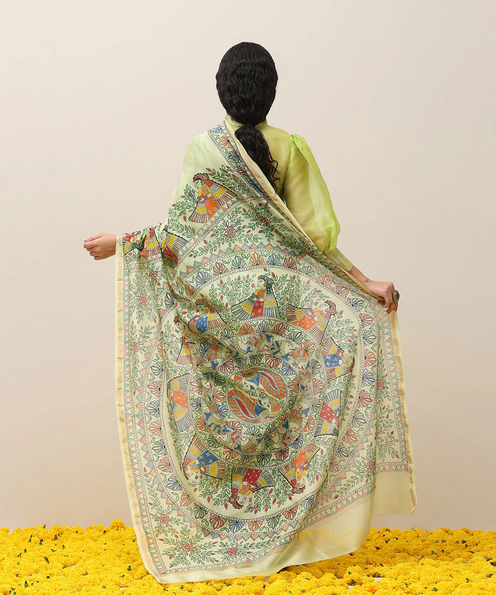 Handloom Fresh Green Chanderi Handpainted Madhubani Saree With Multicolor Women Motifs - Pre Order