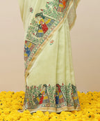 Handloom Fresh Green Chanderi Handpainted Madhubani Saree With Multicolor Women Motifs - Pre Order