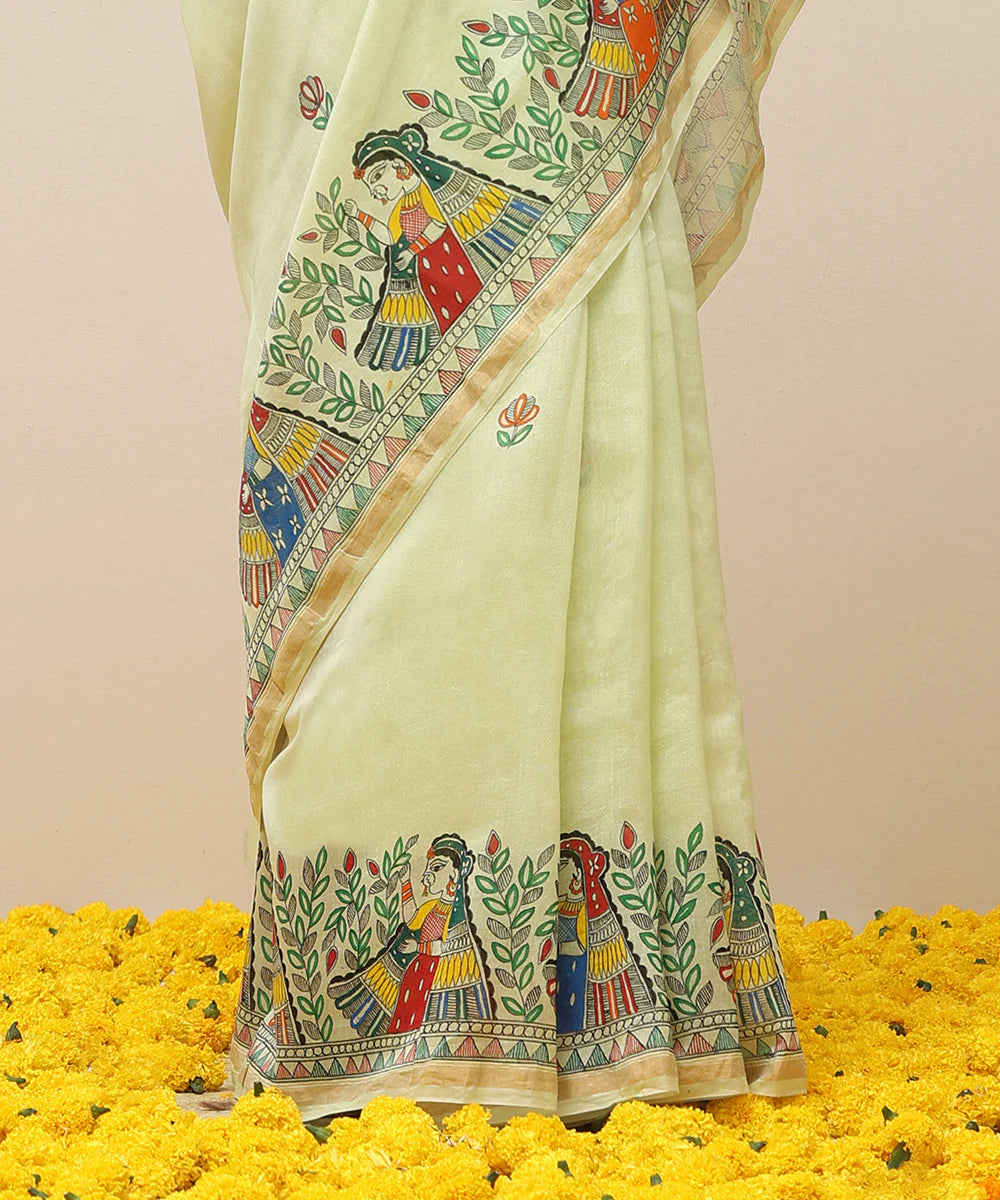 Handloom Fresh Green Chanderi Handpainted Madhubani Saree With Multicolor Women Motifs - Pre Order