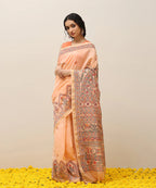 Peach Handloom Chanderi Handpainted Madhubani Saree With Traditional Motifs -Pre Order