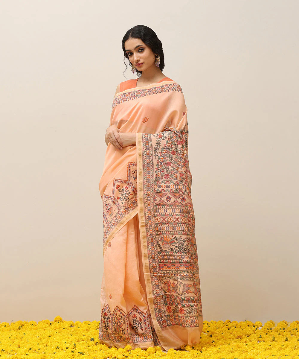 Peach Handloom Chanderi Handpainted Madhubani Saree With Traditional Motifs -Pre Order