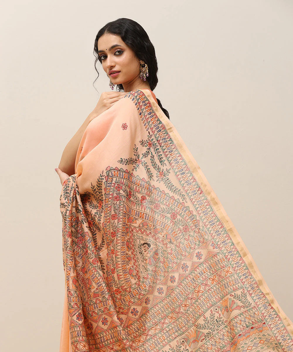 Peach Handloom Chanderi Handpainted Madhubani Saree With Traditional Motifs -Pre Order