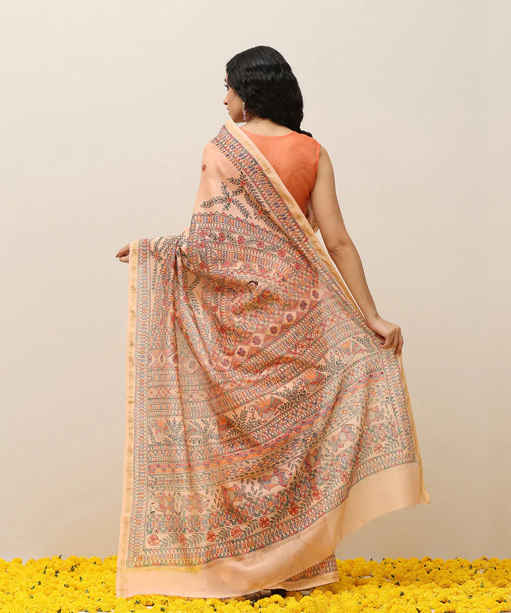 Peach Handloom Chanderi Handpainted Madhubani Saree With Traditional Motifs -Pre Order