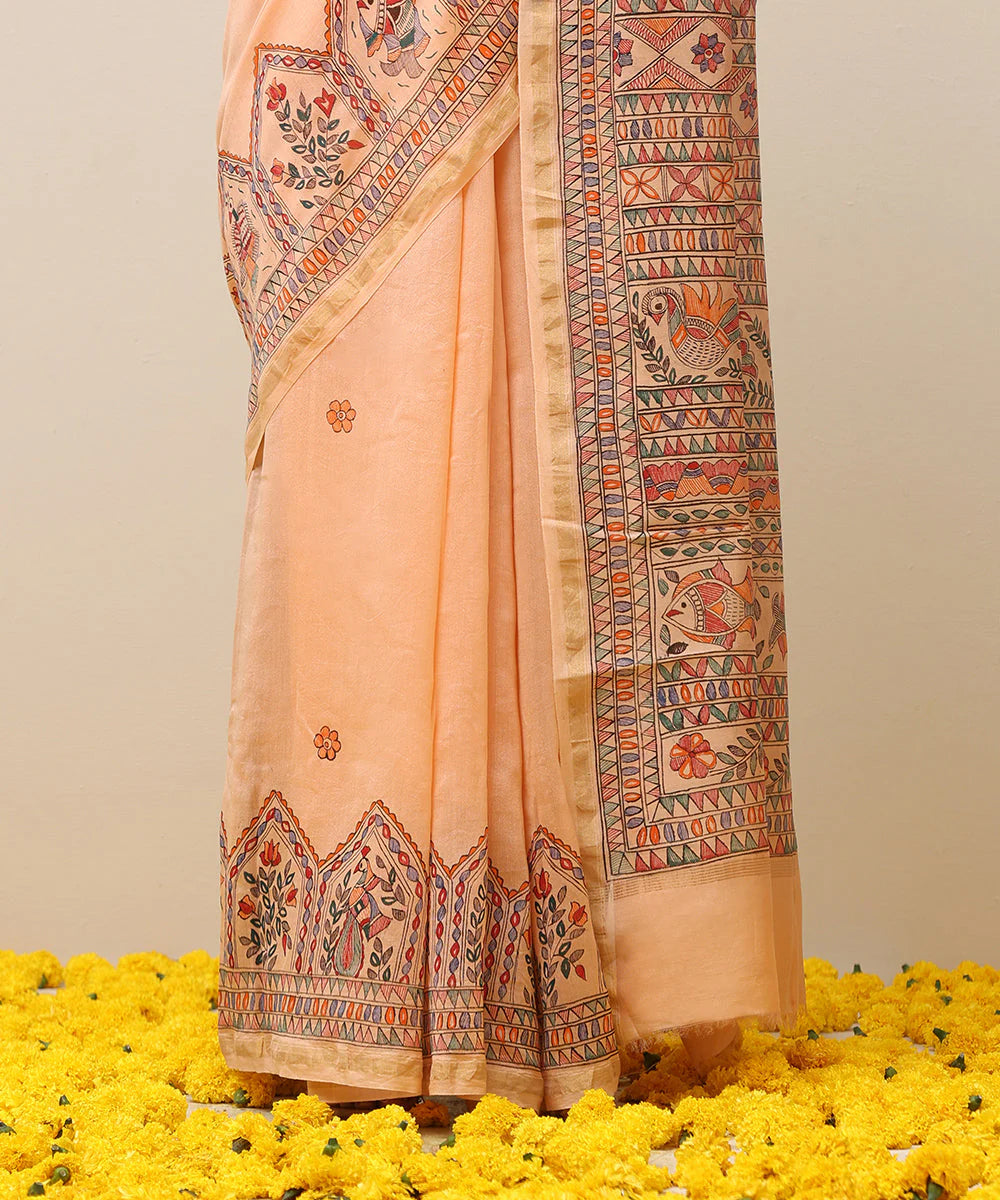 Peach Handloom Chanderi Handpainted Madhubani Saree With Traditional Motifs -Pre Order