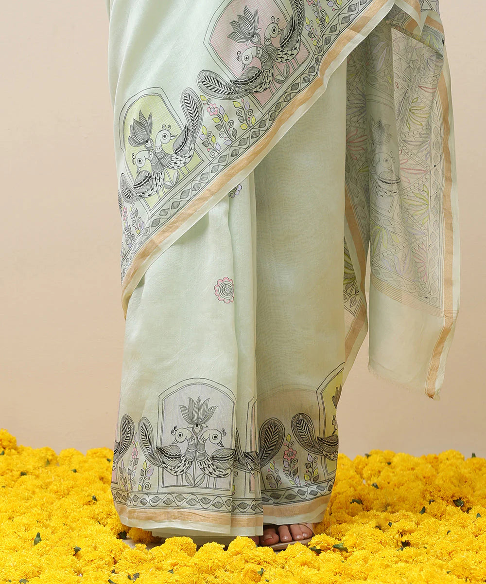 Pastel Green Handloom Chanderi Handpainted Madhubani Saree With Peacock Motifs - Pre Order