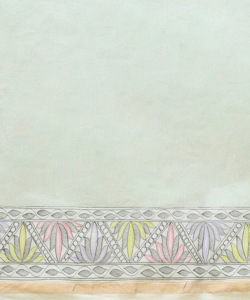 Pastel Green Handloom Chanderi Handpainted Madhubani Saree With Peacock Motifs - Pre Order